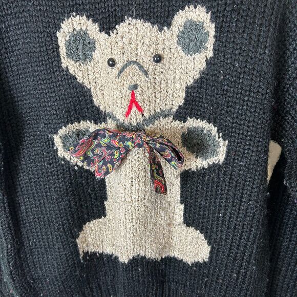 Vintage 90s Evian II Black Crewneck Sweater with Brown Fuzzy Teddy Bear Size M - Picture 7 of 11